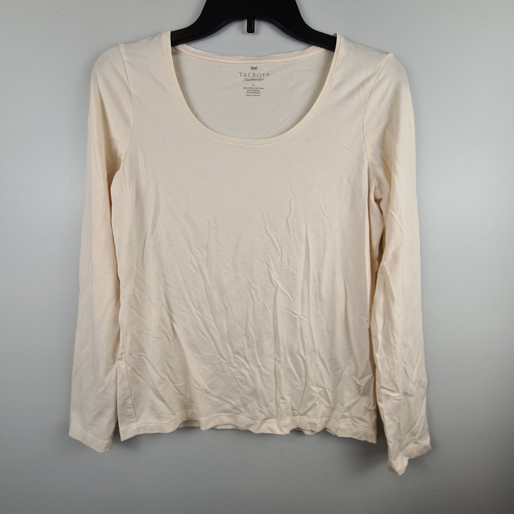 Talbots Womens Cream Pima Cotton Modal Blend Long Sleeve Scoop Neck Tee Size S